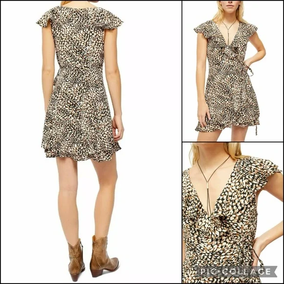 Free People Abstract Dot Flutter Sleeve Tiered Ruffle Wrap Mini Dress - Picture 5 of 14